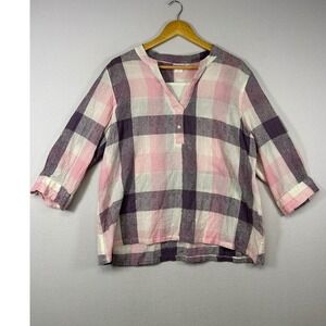 Cottagecore American Sweetheart Women XL Pink Purple Plaid Cotton 3/4 Sleeve Top